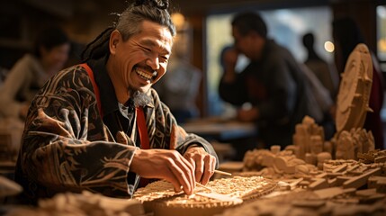 Asian man makes wood figurines at a workshop