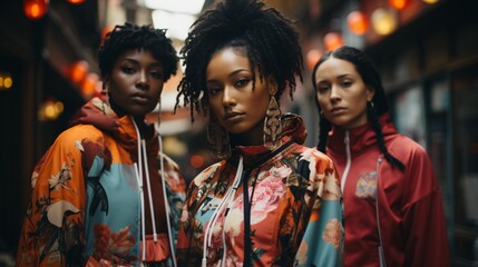 Three young african american women wearing colorful tracksuits walking through a dark alley