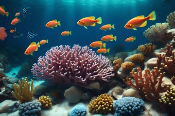 Fototapeta na wymiar A realistic 3D render of a coral reef with vibrant marine life and detailed textures