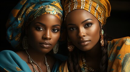 Two beautiful black women in traditional outfits pose together