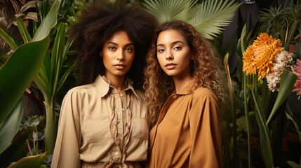 Two young women posing in front of lush plants