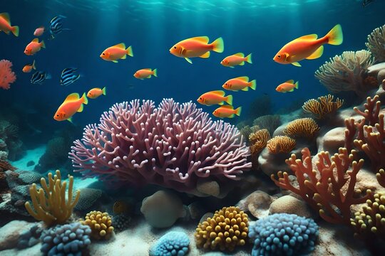 A realistic 3D render of a coral reef with vibrant marine life and detailed textures