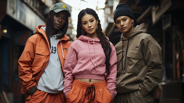 Three Young Multicultural Urban People In A Street