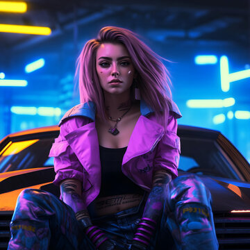 Cyberpunk 2077 nightcity neon , car , girl , purple hair