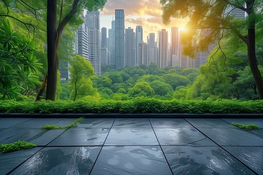 The middle area is empty. See the view from a tall building with green trees.