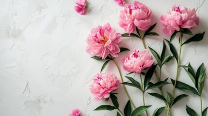 Beautiful minimalistic white background with pink peonies on the side