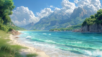 Obraz premium a painting of a beach with a mountain range in the background and blue water and green grass in the foreground.