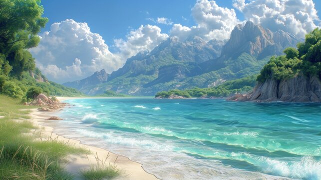  a painting of a beach with a mountain range in the background and blue water and green grass in the foreground.