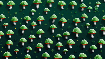 mosaic of champignon mushrooms on a green background. Generative ai