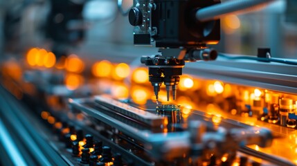 Advanced high precision robotic arm in bright electronics factory. Component installation on circuit board. Fully automated modern PCB assembly line. Electronic devices production industry.