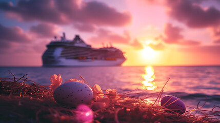 Cruise Ship in the Distance With Easter Eggs in the Foreground