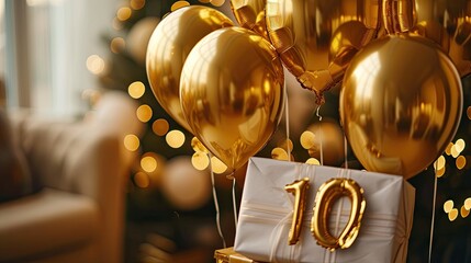 Celebrate a happy 10th birthday with gold surprise balloons and a gift box.