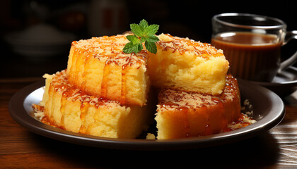 Sweet pie on wooden plate, ready to eat dessert generated by AI