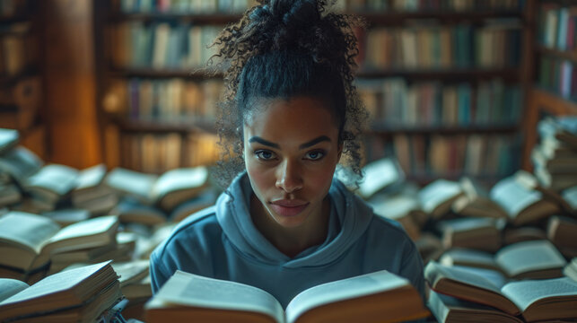 woman with book in a red sweatshirt and black pants, surrounded by readers with books in their hands