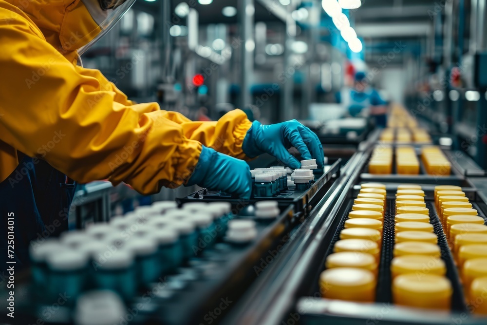 Aufkleber workers in protective uniforms and helmets check and sort packages on conveyor belt in warehouse or 