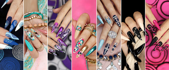 A collection of fashionable diverse designs on long nails.