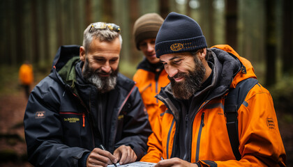 Obraz premium Two males outdoors, smiling, working, in nature generated by AI