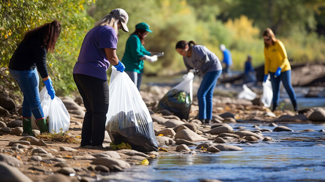 A group of people standing in a river next to some trash bags