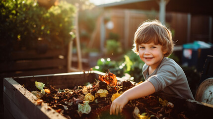 Little boy playing with his container of leaves