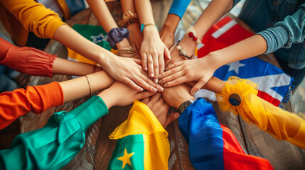 Many hands of different colors on top of each other with flags, showing unity and diversity