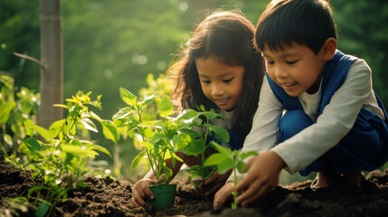Two kids help plant tree on the soil in garden - obrazy, fototapety, plakaty