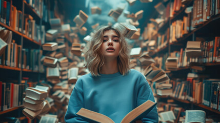 woman with book in a red sweatshirt and black pants, surrounded by readers with books in their hands