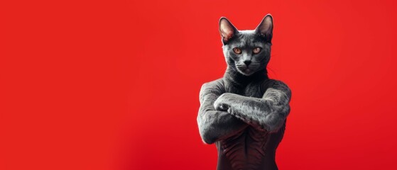 Portrait of Strong black cat body builder super muscles. bodybuilder cat with arms crossed. image of a pet cats head on a human bodybuilders body on red background with copy space. Generative aiv - obrazy, fototapety, plakaty