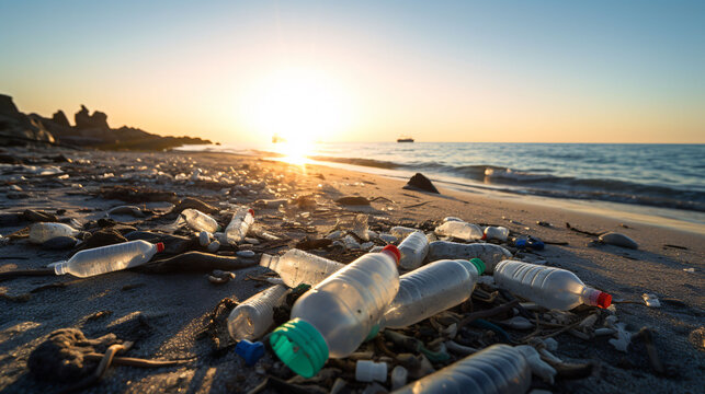 Plastic bottle on a sandy beach in sunset