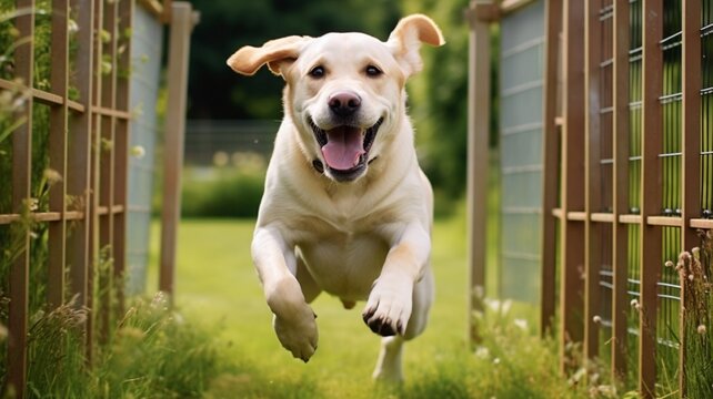 Labrador retriever dog running outside home gate picture, golden retriever fence wallpaper