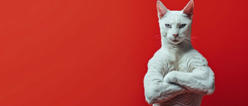 Portrait of Strong white cat body builder super muscles. bodybuilder cat with arms crossed. image of a pet cats head on a human bodybuilders body on red background with copy space. Generative ai