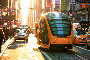 Solar-Powered Vehicle: Transportation powered entirely or partially by solar energy, travel on a big city busy street. - obrazy, fototapety, plakaty
