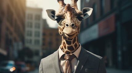 Fototapety  A man with a giraffe's head. Giraffe in a business suit.