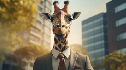 Foto op Canvas A man with a giraffe's head. Giraffe in a business suit. © inna717