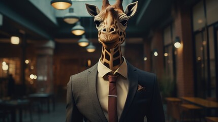 A man with a giraffe's head. Giraffe in a business suit.