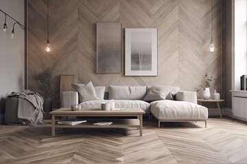 Scandinavian style decor. an empty wall with a herringbone panel. Design of the room in taupe, beige, white, and gray tones. Black table and light sofa