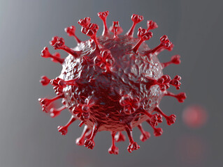 Red virus structure with spikes on a grey background. 3D rendering of medical concept for scientific research and health education. Design for poster, banner, and educational material