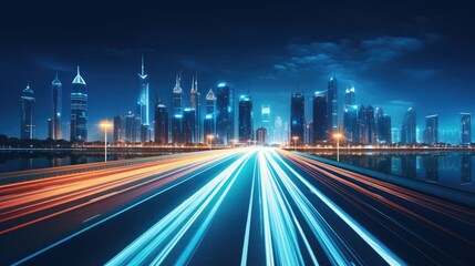 Obraz premium Light traces on the highway, winding road, twilight, motion effect. night road in the city with neon stripes