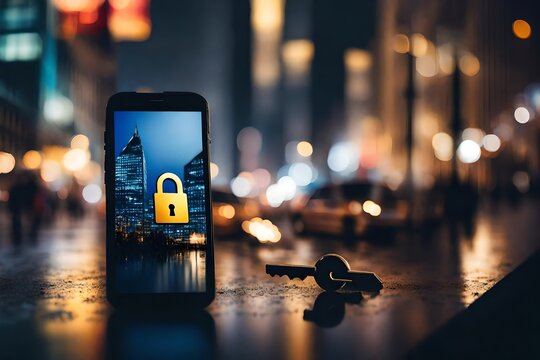 Fototapeta Blurred city lights framing a smartphone featuring a lock and key, emphasizing the importance of encryption for data security.