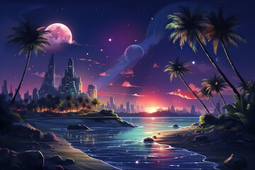Obraz premium Retro Futuristic landscape with sea, palm trees and skyscrapers. Generative AI