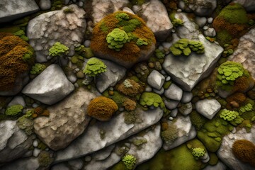 A 3D texture of rugged, weathered stone with moss and lichen details, creating a natural, earthy background - obrazy, fototapety, plakaty