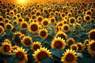 A 3D visualization of a sunflower field, with detailed textures of the flowers and leaves under sunlight