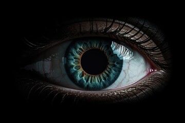 Fototapeta premium A demonic dark eye in the web looks at you. halloween. scary eye on black background. generative AI