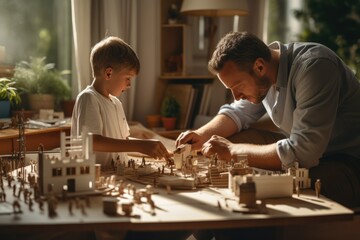 Family and childhood concept. A boy and a man play with legos. Father and son with a constructor. Dad and child build with plastic cubes - obrazy, fototapety, plakaty