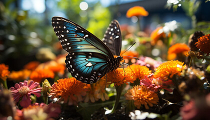 Vibrant butterfly in multi colored flower, showcasing natural beauty generated by AI
