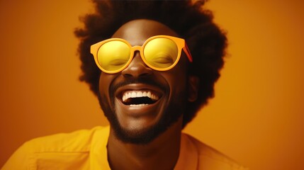 Portrait of a carefree black guy wearing a T-shirt and sunglasses on a yellow studio background. Cheerful African American man having fun on summer vacation and feeling happy