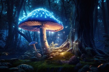 Mystical fly agarics glow in a mysterious dark forest. Fairytale background for Halloween. - obrazy, fototapety, plakaty