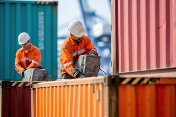 Port employee repairing maritime container in the port