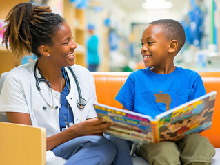 Pediatric nurse reading to a smiling young boy in a hospital. Childcare and medical education concept for design and print. Close-up with vibrant colors and friendly atmosphere