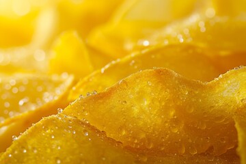 Zoomed shot of thin potato chips showing texture. Yellow salted potato chips as a food background. Close-up.