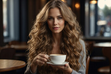 Beautiful woman with very long, wavy blonde hair sitting in a cafe and looking at the camera with a cup of coffee in her hand.
